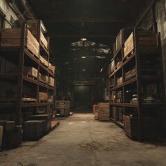Fototapeta premium Abandoned military warehouse with broken shelves and debris throughout.