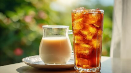 Close-up of peach iced tea with ice on a glass plate, beside a tall glass of peach iced tea and a glass of milk, lit by bright window light with a soft, blurred background.