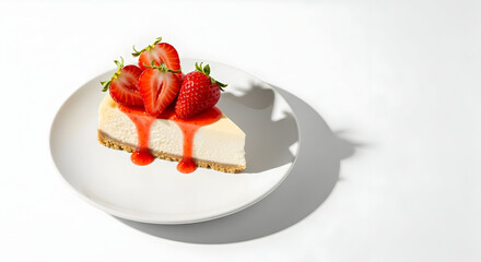 Delicious Cheesecake Slice with Fresh Red Strawberries on White Plate