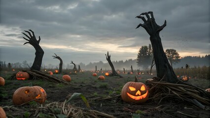 Spooky halloween scene with jack o lanterns and creepy hands emerging from the ground
