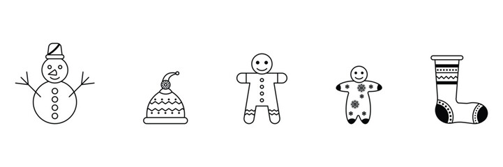 Snowman, winter hat, gingerbread cookies and Christmas sock icon vector illustration for festive holiday decoration and seasonal celebration design.