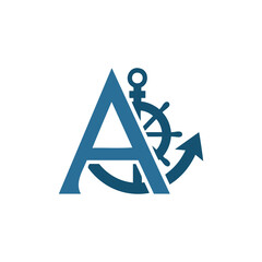 A nautical logo combining the letter A with a ship's anchor and steering wheel, ideal for marine, travel, or sailing businesses. © shirish