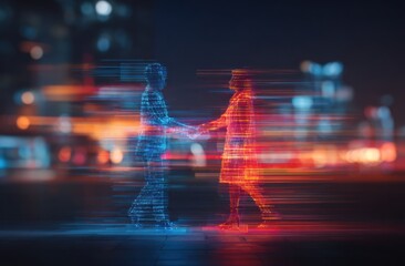 Digital figures shaking hands in a city at night