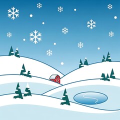 Whimsical winter landscape scene with red barn and snowflake flurry
