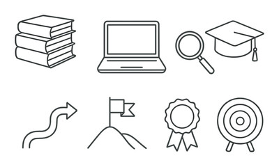 Educational icons set featuring books, laptop, graduation cap, magnifying glass, and achievement symbols