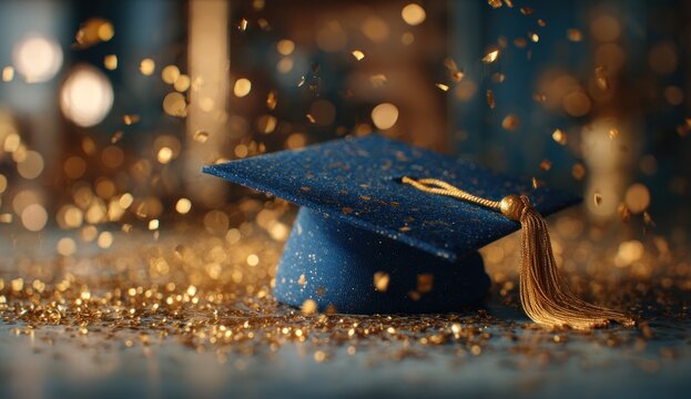 Graduation cap amidst golden confetti