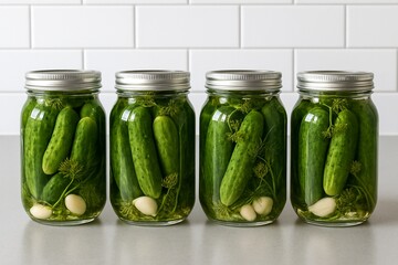 Four glass jars filled with pickled gherkins, dill and garlic on kitchen counter