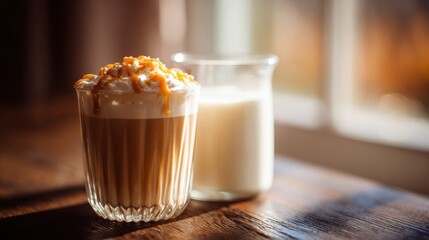 Close-up of a caramel macchiato in a glass with caramel drizzle on a dark wood table, beside it a glass of milk. Bright window light, soft focus, warm mood, blurred background.
