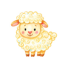 Cute Fluffy White Sheep Watercolor Cartoon Illustration Isolated