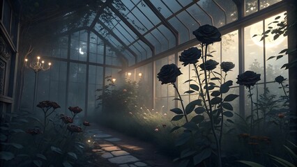 Ethereal greenhouse at twilight with silhouetted roses and soft ambient light illuminating the interior