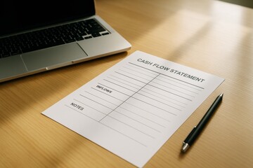 Blank cash flow statement template paper with pen and laptop on wooden desk in office with natural lighting, business accounting concept. Ai generative