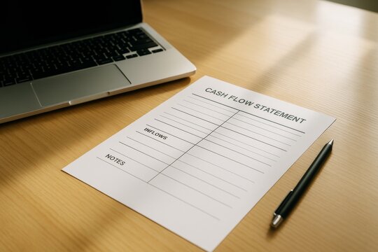 Blank cash flow statement template paper with pen and laptop on wooden desk in office with natural lighting, business accounting concept. Ai generative