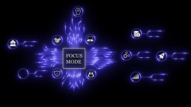 Futuristic AI brain processing data in focus mode with glowing circuits and rocket launch icon. AI focus mode with futuristic digital brain. Innovation, machine learning, and business success.