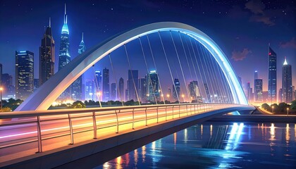 Obraz premium A modern, illuminated arch bridge spans a waterway, connecting skyscrapers in a vibrant night cityscape.