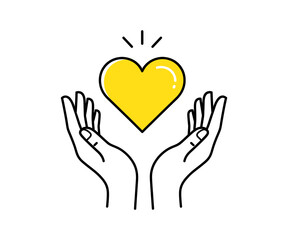 Simple vector illustration of two hands holding up a bright yellow heart symbol representing love, care, compassion, kindness, and support in a minimal graphic style