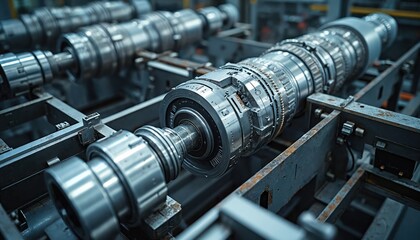 Naklejka premium Complex metallic components of spacecraft engines undergo precision fabrication in advanced aerospace manufacturing facility. Intricate machinery, robotic arms assemble critical parts with high