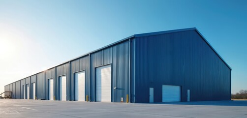 Expansive blue metal industrial building exterior features multiple large roll-up doors under clear sky. Modern corrugated steel facade signifies warehouse storage or factory facility.