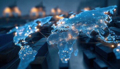 Global interconnectedness, digital world map overlayed on shipping containers