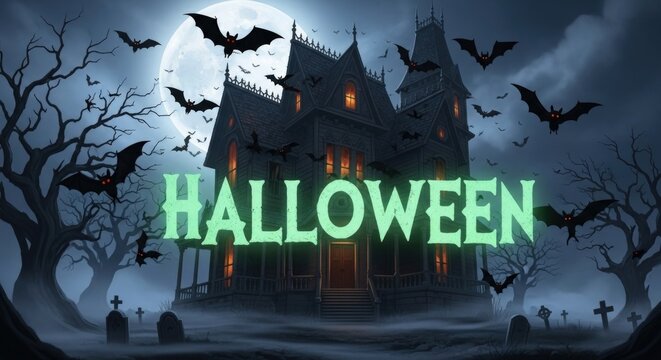 Spooky haunted house with bats and full moon creates thrilling Halloween atmosphere