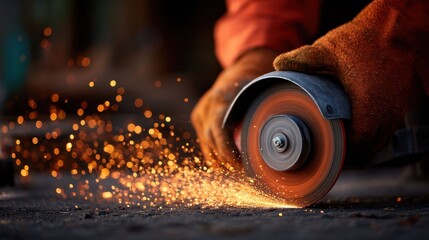 Close-up of Hand Using Angle Grinder with Sparks Flying in Workshop Environment