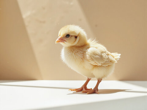 A yellow chick stands on a white tabletop, with sunlight slanting in, expressing the innocence and vitality of nature.