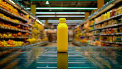 Single yellow bottle of juice or drink standing in a supermarket aisle with blurred shelves