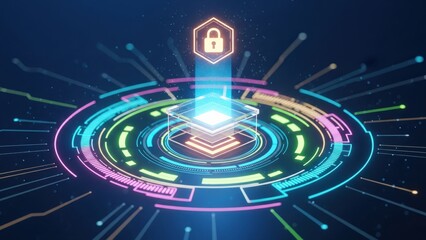 A glowing holographic hub with lock icon and data rings, representing modern hotel security and surveillance system for better hotel safety