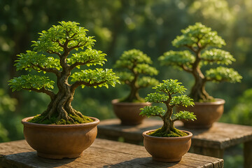 Row of Bonsai Trees Displayed in Outdoor Garden