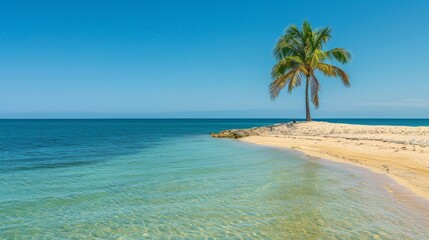 Lone palm tree standing on a small golden sand island in the beautiful turquoise ocean waters