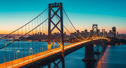 Fototapeta premium Golden gate bridge illuminated at dusk with vibrant orange light trails of cars driving across