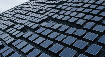 A vast grid of advanced solar panels systematically covers a contemporary architectural surface, demonstrating a commitment to clean energy and sustainable future.