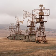 An abandoned radar array shows rust and nature reclaiming space.