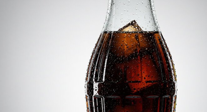 Bouteille verre boisson sombre glacons eau pure lumiere douce rafraichissant. AI Generated