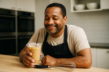 Fototapeta na wymiar Smiling man in apron enjoys iced coffee at kitchen counter with whisk on light wood surface in relaxed cooking concept setting background. Ai generative