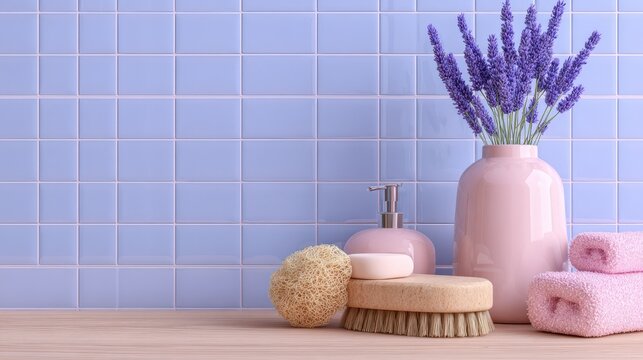 Modern bathroom scene with blue ceramic tiles, a lavender plant in a vase on a wooden table, and spa items like a soap dispenser and loofah, against a soft pink backdrop with banner-ready space.