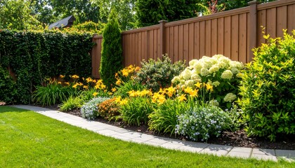 Lush Backyard Garden Landscape with Blooming Flowers and Wooden Privacy Fence