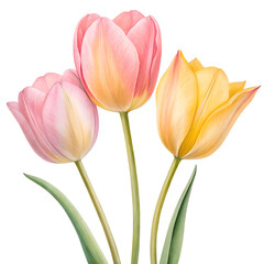Naklejka premium Three delicate watercolor tulips in shades of pink and yellow with green stems and leaves isolated on transparent background