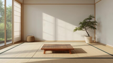 A Serene and Minimalist Japanese-Style Room with a Low Wooden Table and a Potted Bonsai Tree on a Raised Platform
