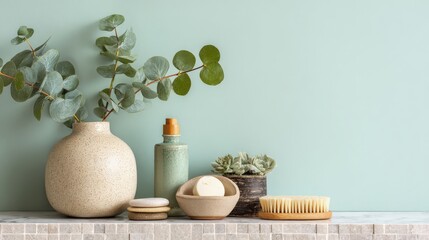 Modern bathroom scene with beige ceramic tiles, a vase of eucalyptus on a marble counter, and spa essentials, facial mask and skin brush, against a mint green pastel backdrop with ample copy space.