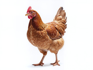 Fototapeta premium A brown hen on a white background, with clear feather details contrasting against the clean background, creating a natural and healthy impression.