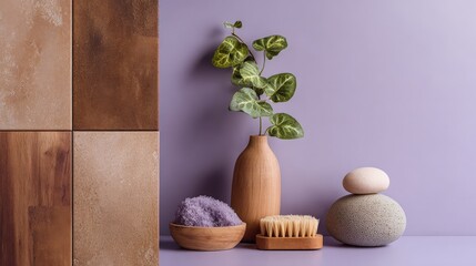 A modern bathroom with warm brown tiles and a vanity holding an ivy plant, plus spa staples—a clay mask and exfoliating scrub—set against a pastel lilac backdrop with ample copy space for banners.