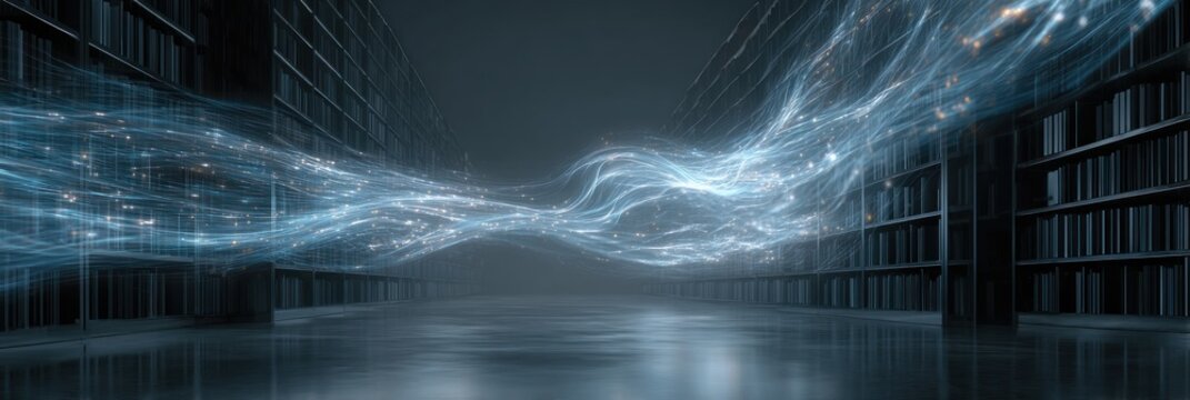 Abstract digital pathway through a dark library