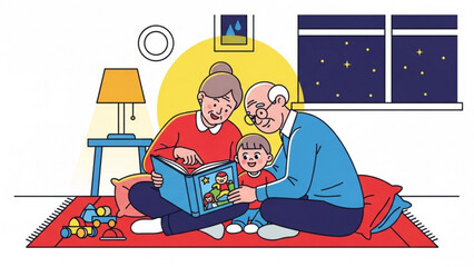 Grandparents reading a story to their grandchild in cozy living room at night, creating a warm and loving atmosphere.