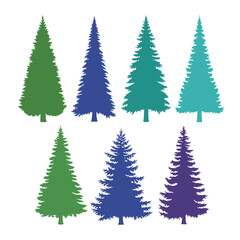Fototapeta premium Collection of stylized evergreen trees in various colors