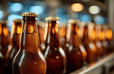 Close-up of cold beer bottles on a conveyor belt
