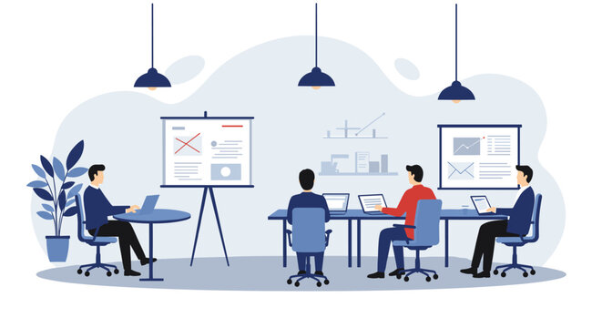 Team collaboration in modern office setting with laptops and presentation boards