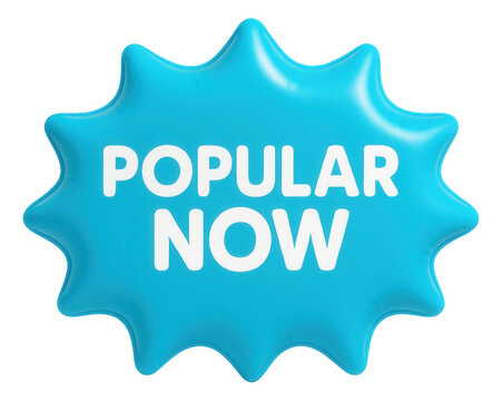 Eye-catching blue burst sticker with POPULAR NOW label in bold font, engaging retail promotion offer on transparent background.