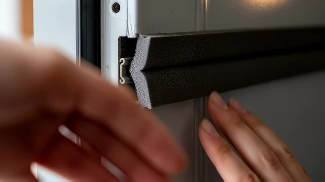 Closeup of a fresh foam weatherseal strip being aligned and pressed along a metal doors interior side focusing on sealing gaps for energy efficiency and comfort.