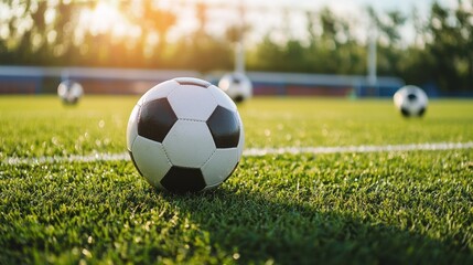 Fototapeta premium A soccer ball on a grass field with a sunset in the background.