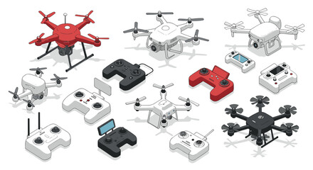 Diverse collection of isometric drone designs with remote controllers